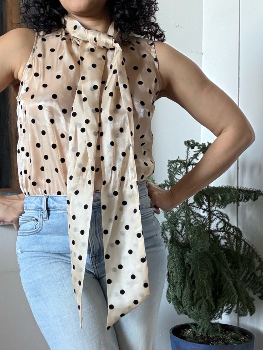 Rachel Zoe Cream Polka Dot Tie-Neck Sleeveless - Picture 4 of 5